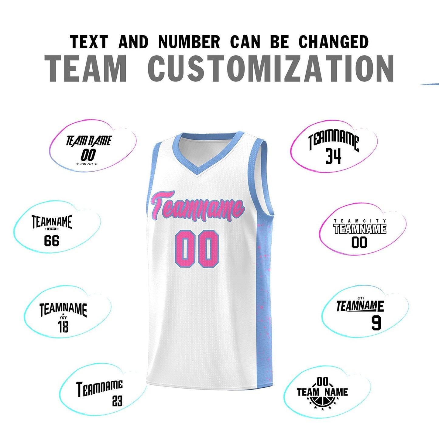 Custom White Pink-Light Blue Side Splash Sports Uniform Basketball Jersey