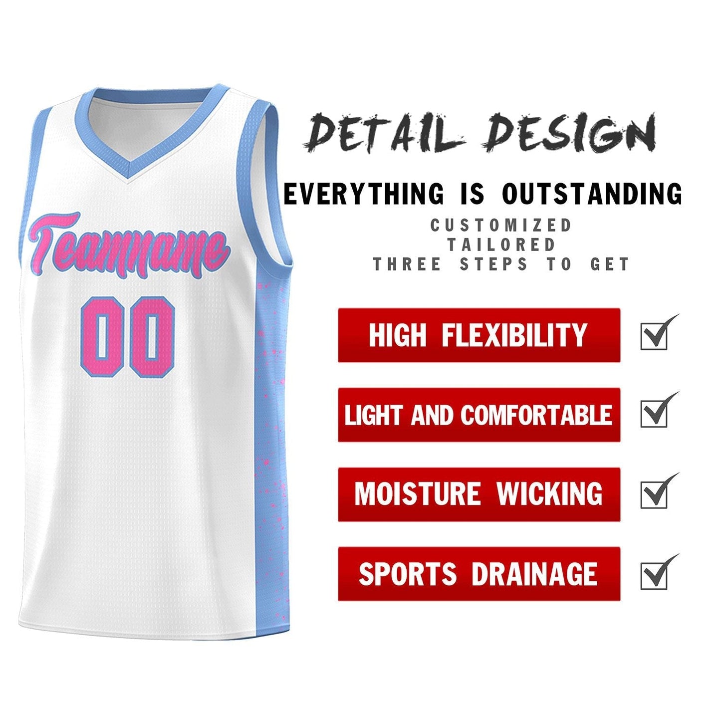 Custom White Pink-Light Blue Side Splash Sports Uniform Basketball Jersey