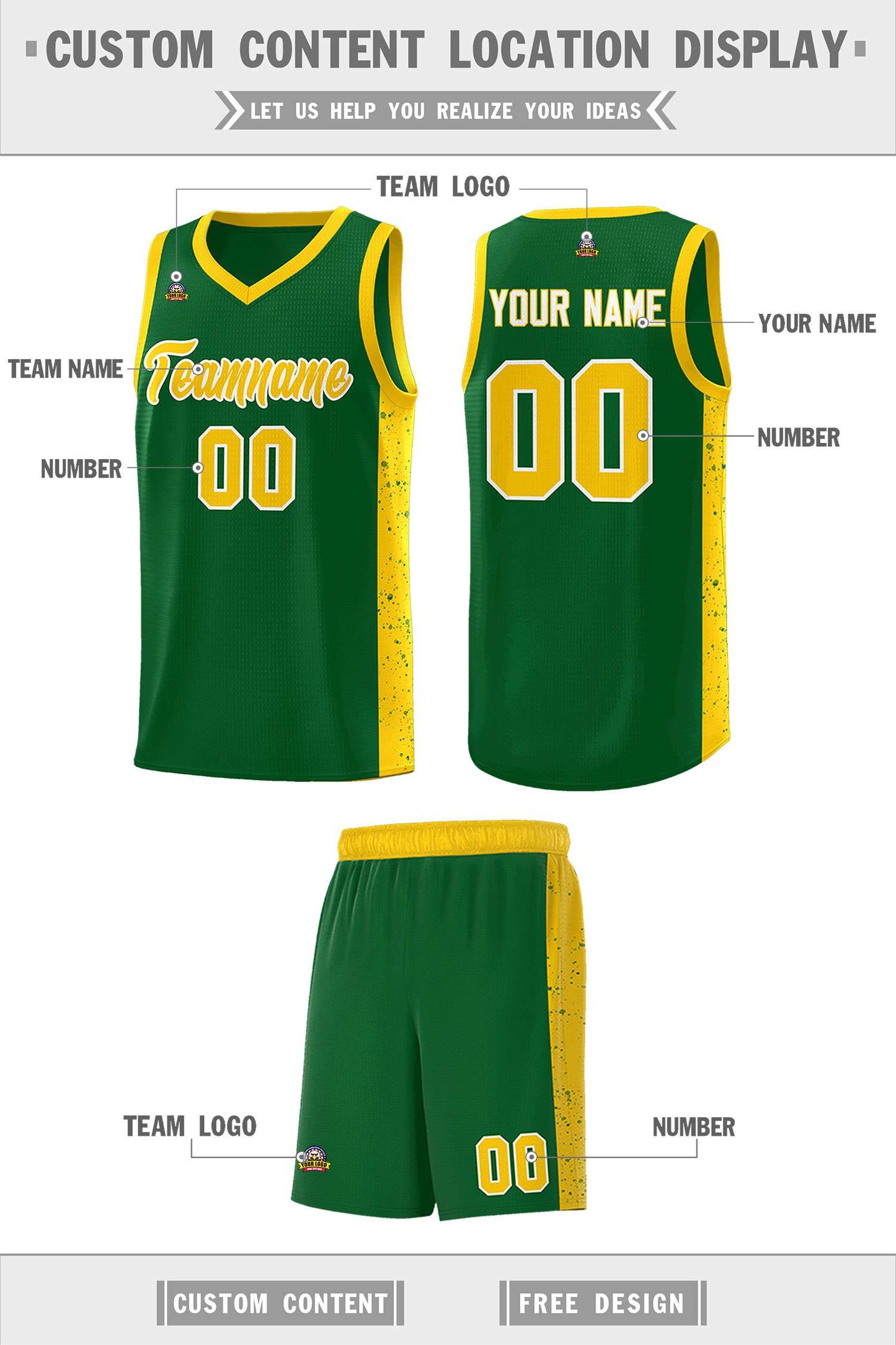 Custom Green Gold-White Side Splash Sports Uniform Basketball Jersey