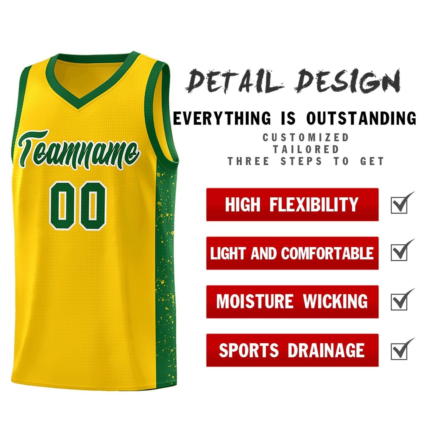 Custom Yellow Green-White Side Splash Sports Uniform Basketball Jersey