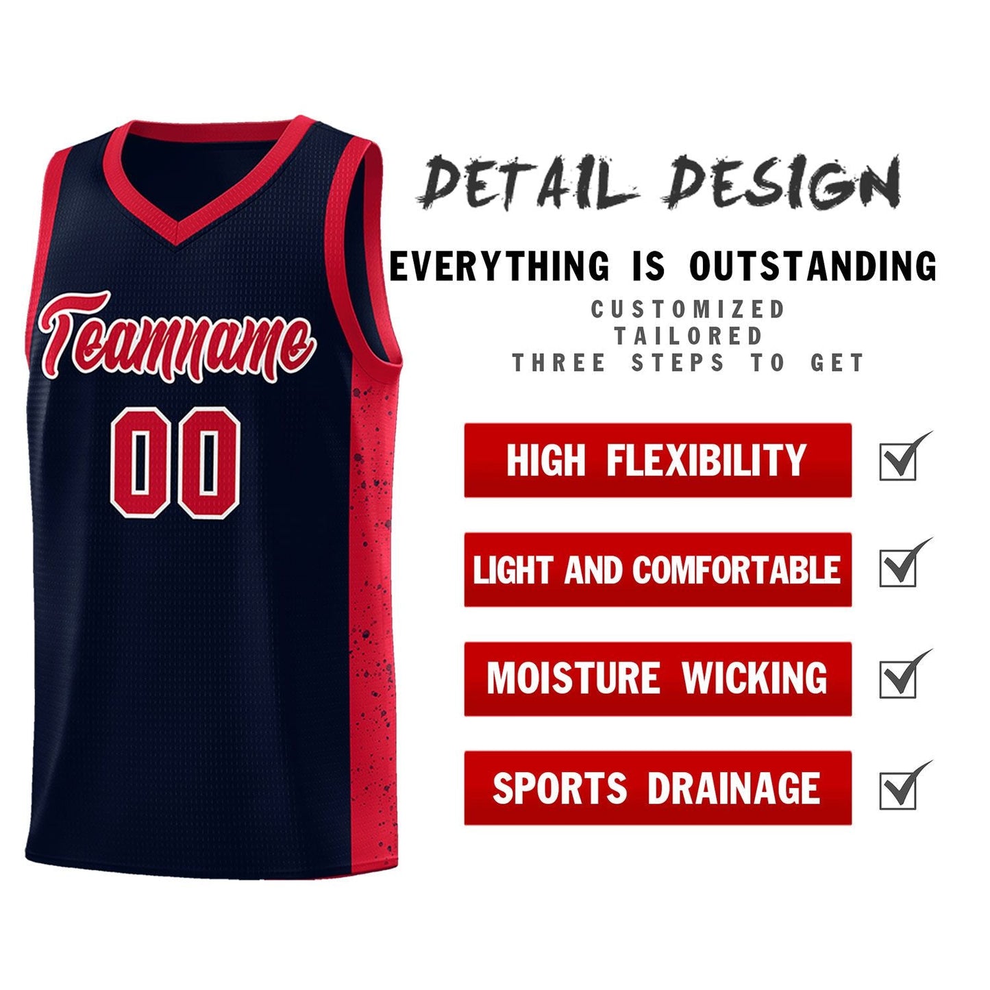 Custom Navy Red-White Side Splash Sports Uniform Basketball Jersey