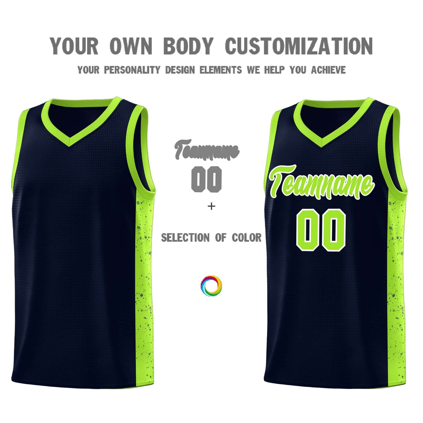 Custom Navy Neon Green-White Side Splash Sports Uniform Basketball Jersey