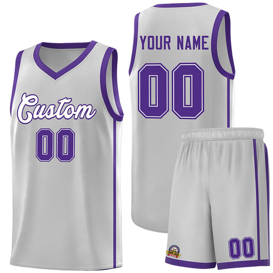 Custom Gray White-Purple Side Two Bars Sports Uniform Basketball Jersey