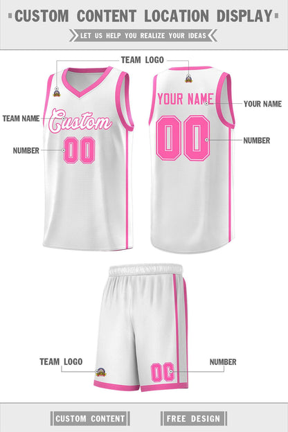 Custom White Pink Side Two Bars Sports Uniform Basketball Jersey