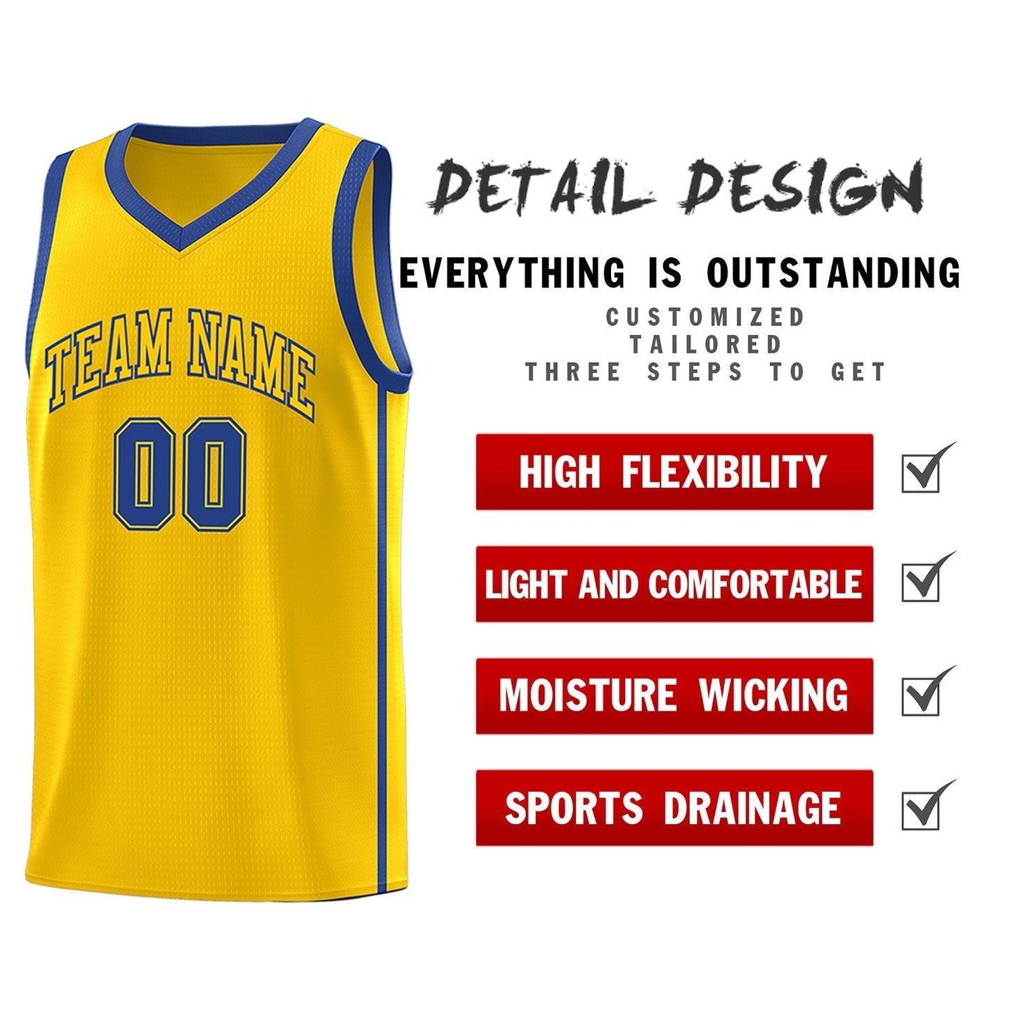 Custom Gold Royal Side Two Bars Sports Uniform Basketball Jersey