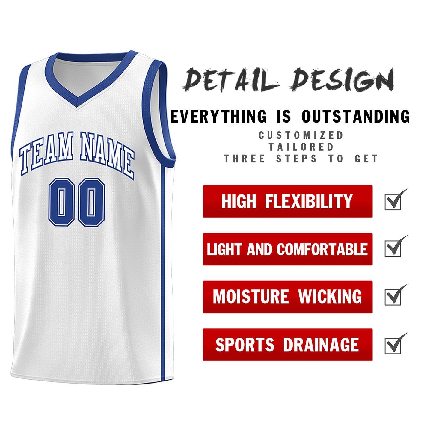 Custom White Royal Side Two Bars Sports Uniform Basketball Jersey