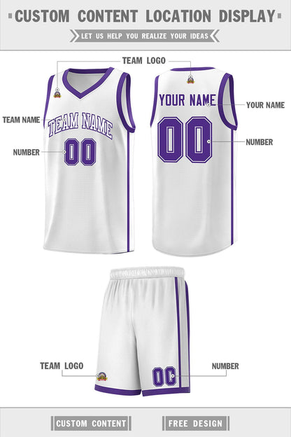 Custom White Purple Side Two Bars Sports Uniform Basketball Jersey