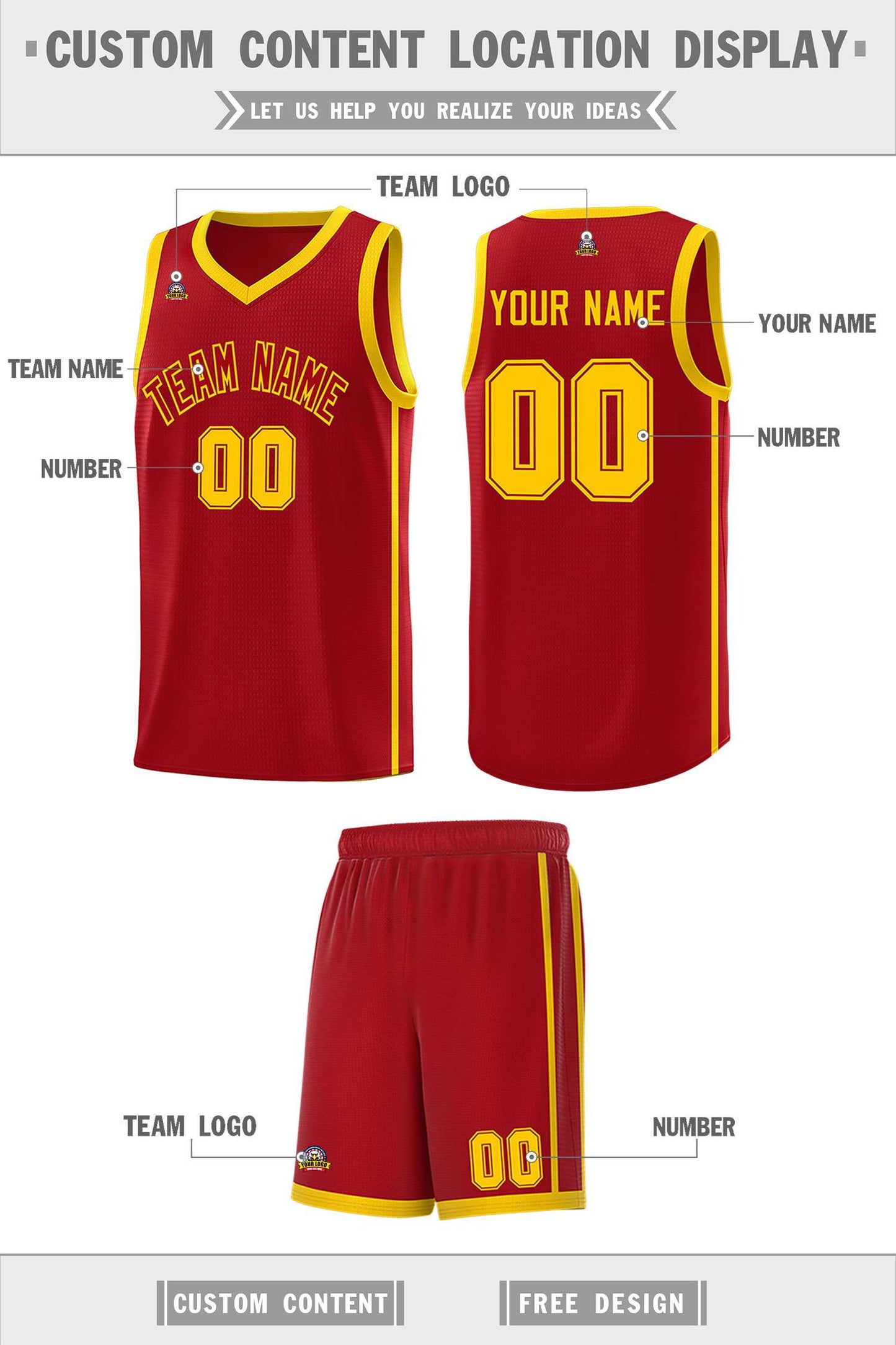 Custom Red Gold Side Two Bars Sports Uniform Basketball Jersey