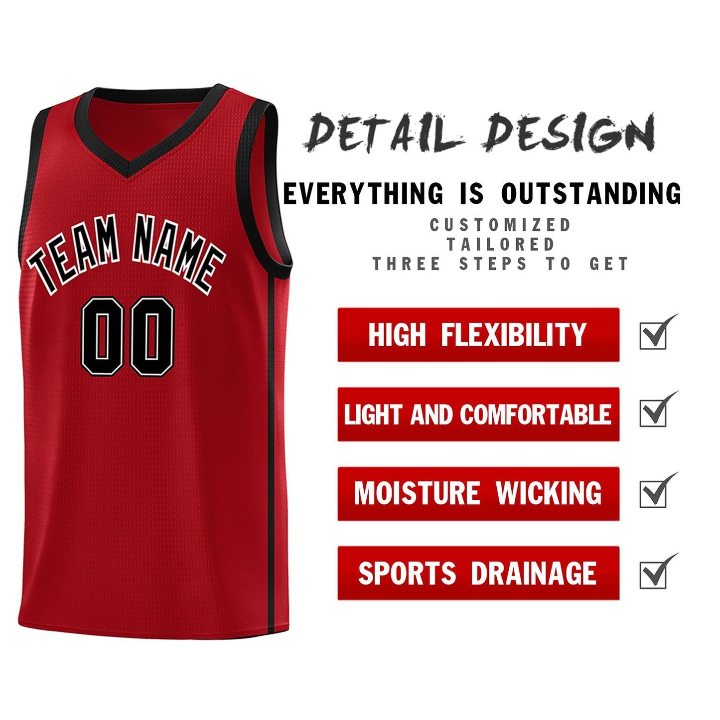 Custom Red Black-White Side Two Bars Sports Uniform Basketball Jersey