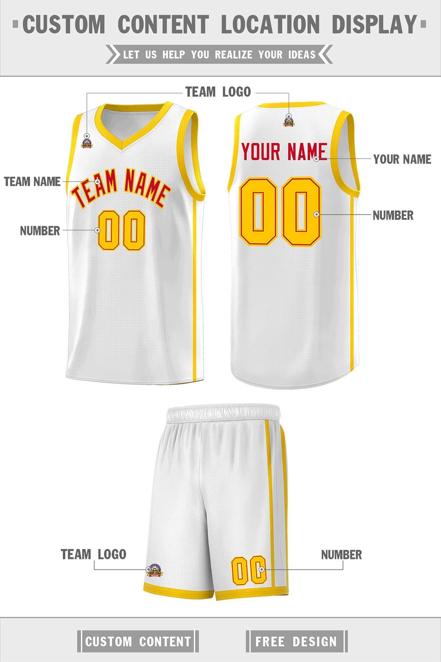 Custom White Red-Gold Side Two Bars Sports Uniform Basketball Jersey