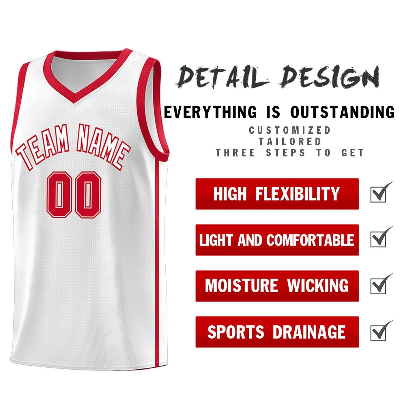 Custom White Red Side Two Bars Sports Uniform Basketball Jersey