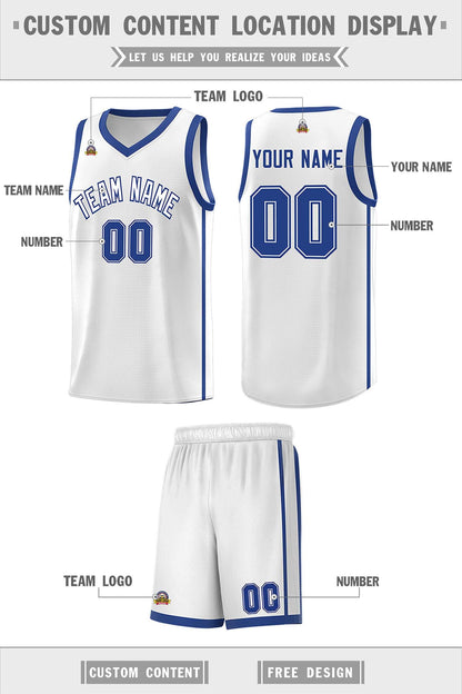 Custom White Royal Side Two Bars Sports Uniform Basketball Jersey