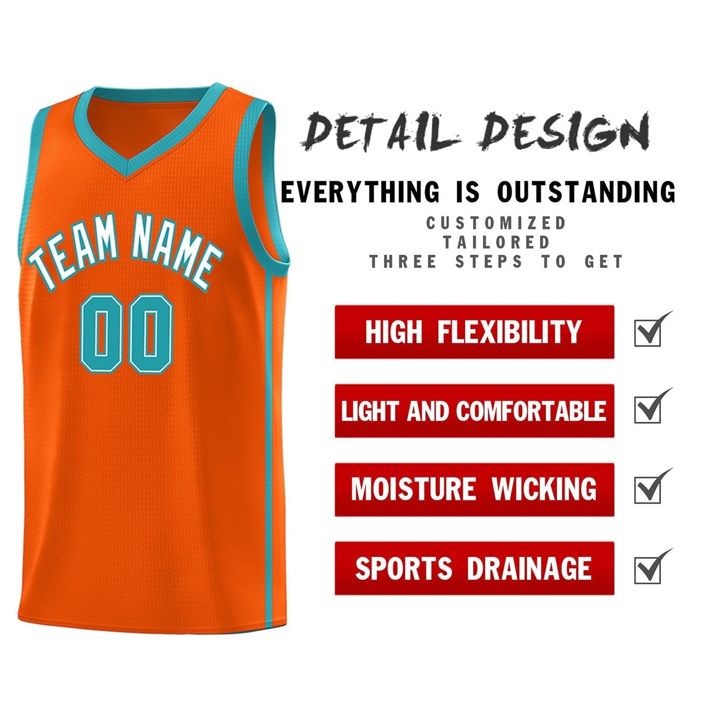 Custom Orange White-Aqua Side Two Bars Sports Uniform Basketball Jersey