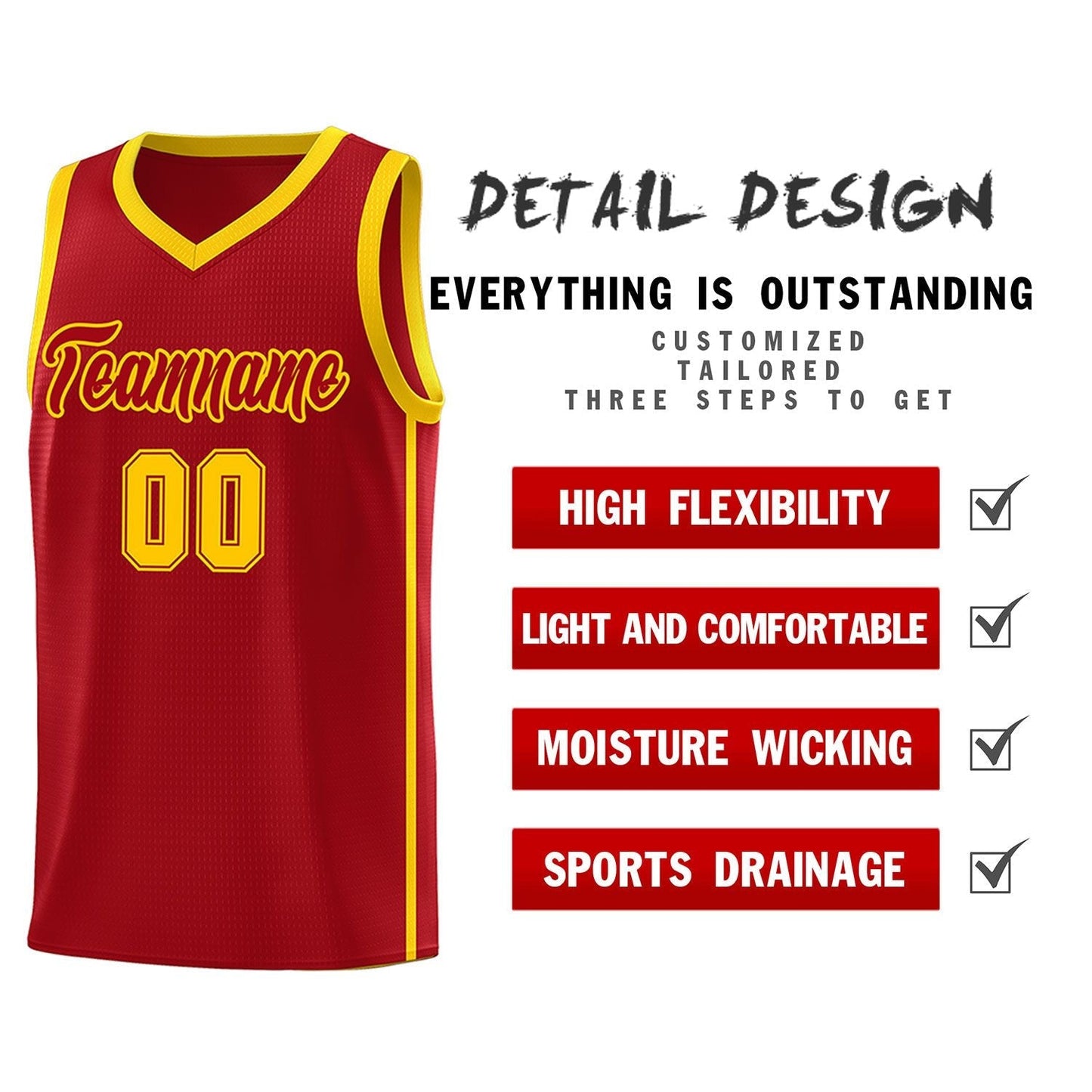 Custom Red Gold Side Two Bars Sports Uniform Basketball Jersey