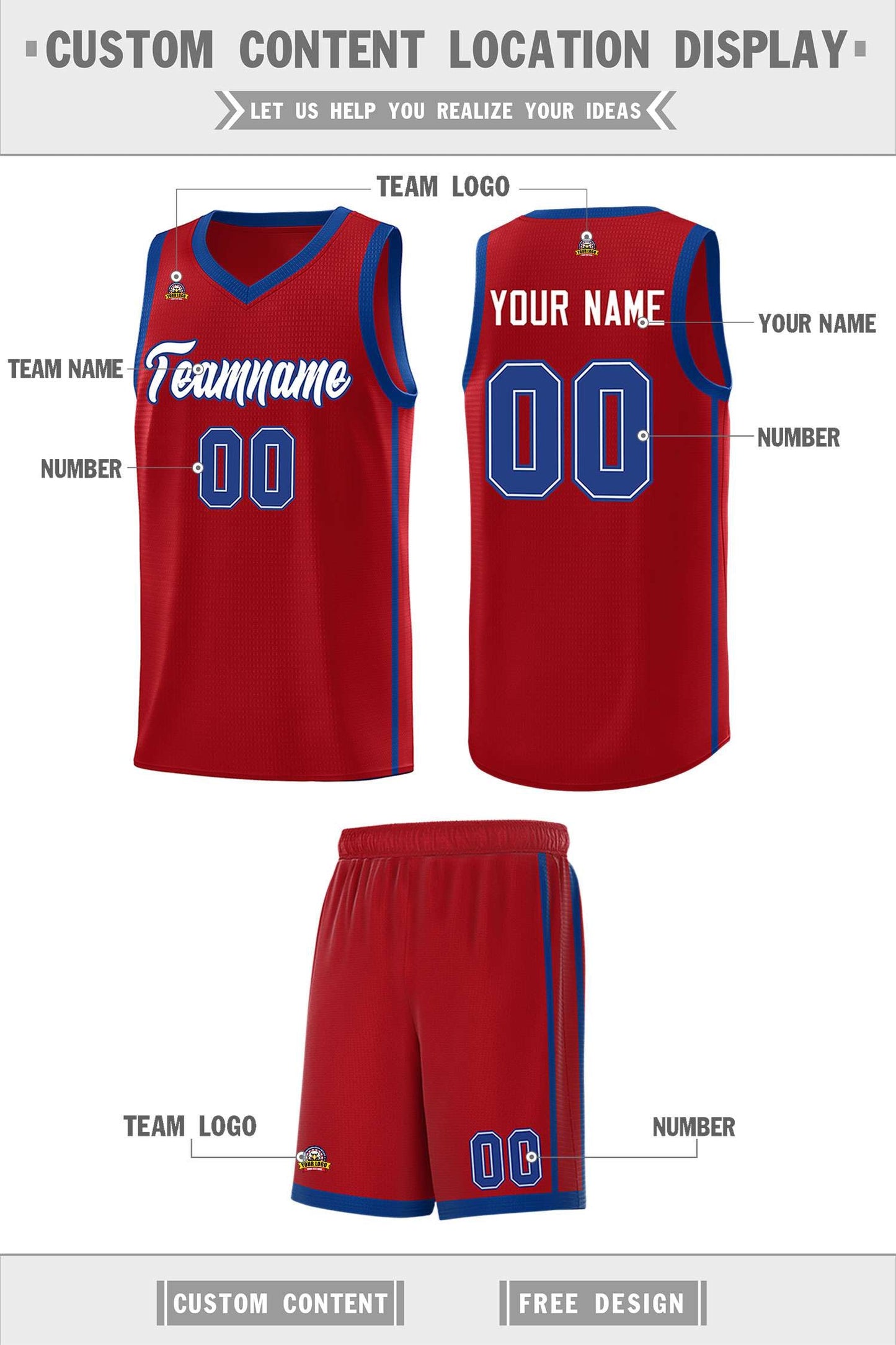 Custom Red White-Royal Side Two Bars Sports Uniform Basketball Jersey