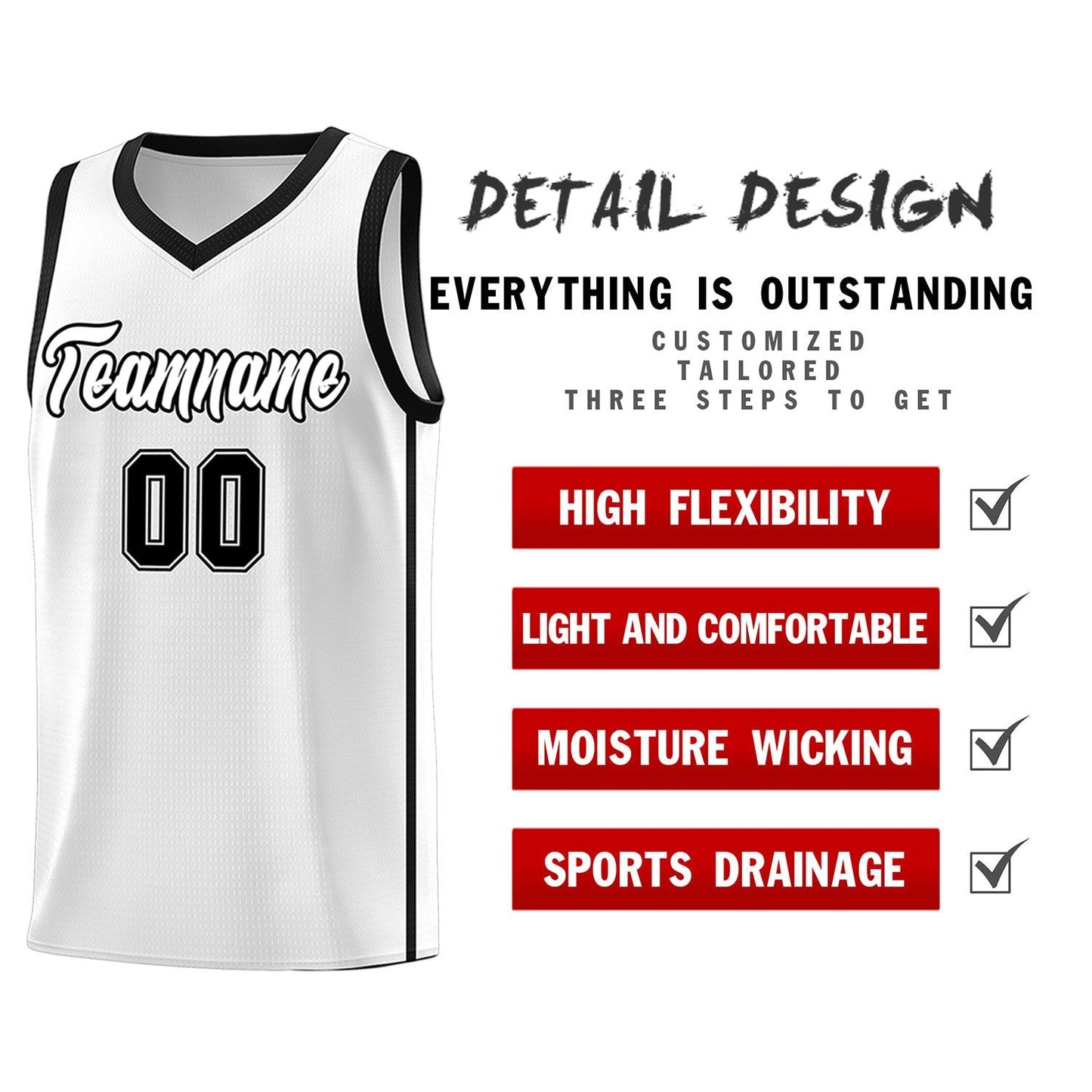 Custom White Black Side Two Bars Sports Uniform Basketball Jersey