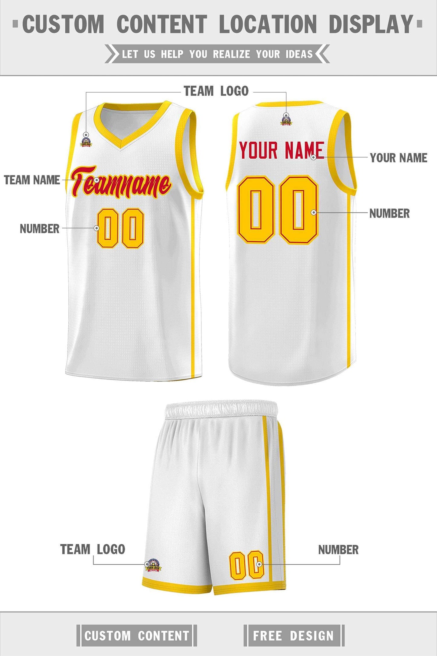 Custom White Red-Gold Side Two Bars Sports Uniform Basketball Jersey