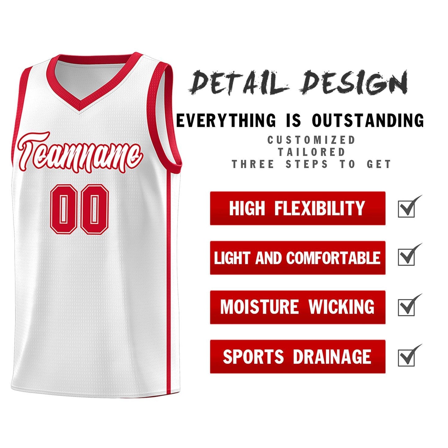 Custom White Red Side Two Bars Sports Uniform Basketball Jersey