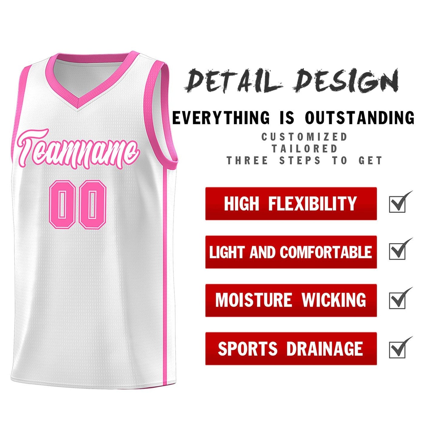 Custom White Pink Side Two Bars Sports Uniform Basketball Jersey