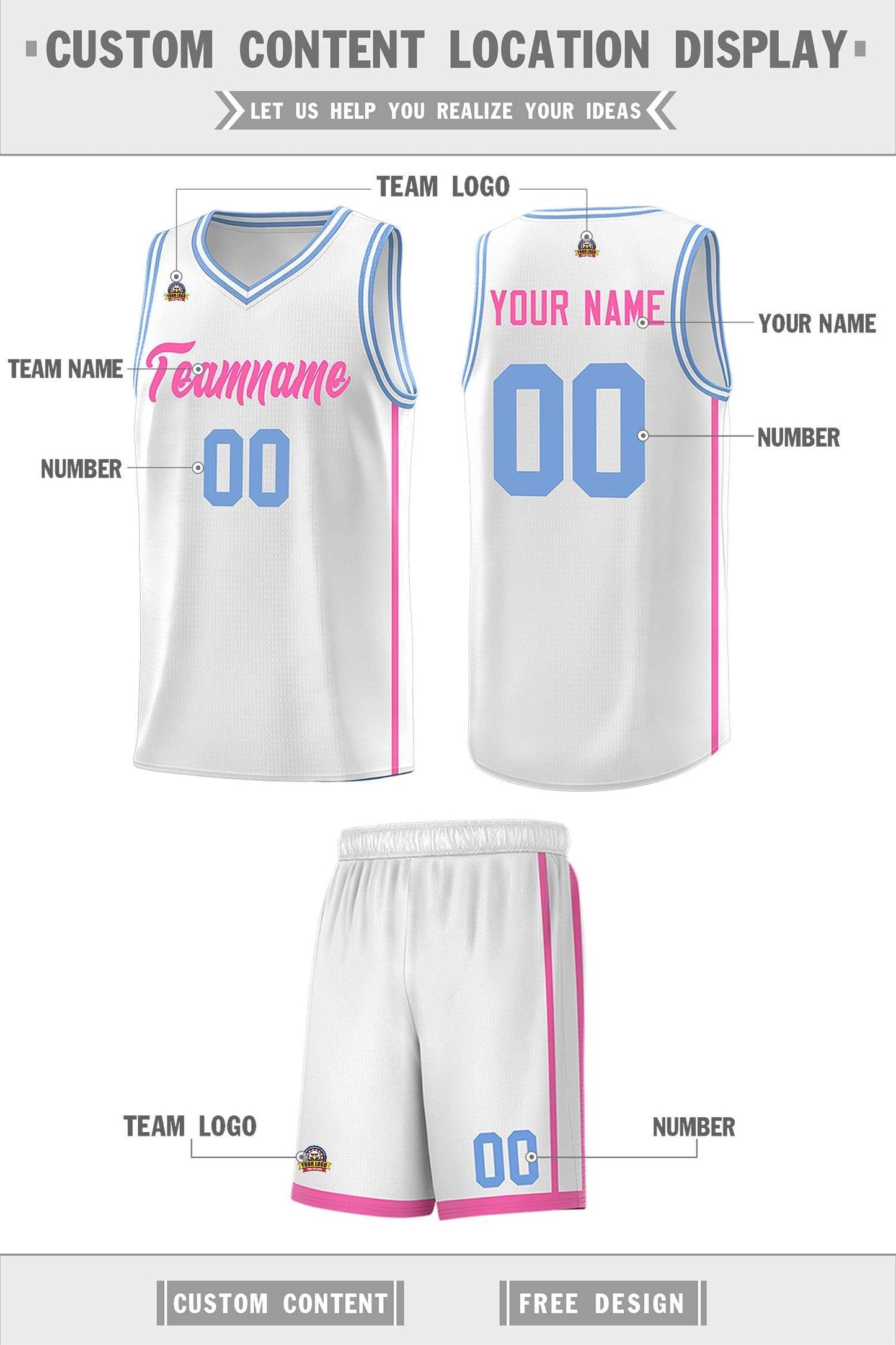 Custom White Pink Side Two Bars Sports Uniform Basketball Jersey