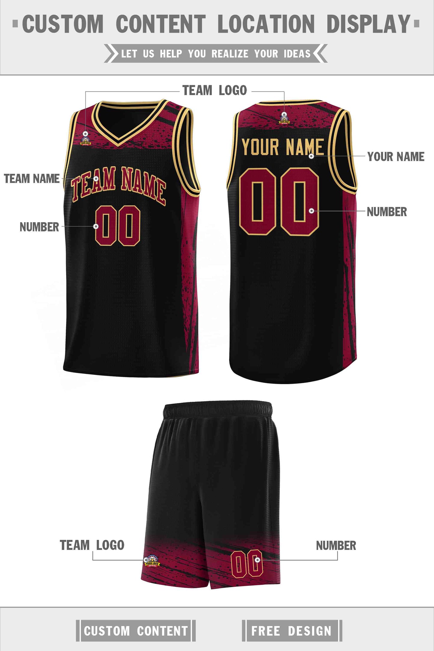 Custom Black Crimson Graffiti Pattern Sports Uniform Basketball Jersey