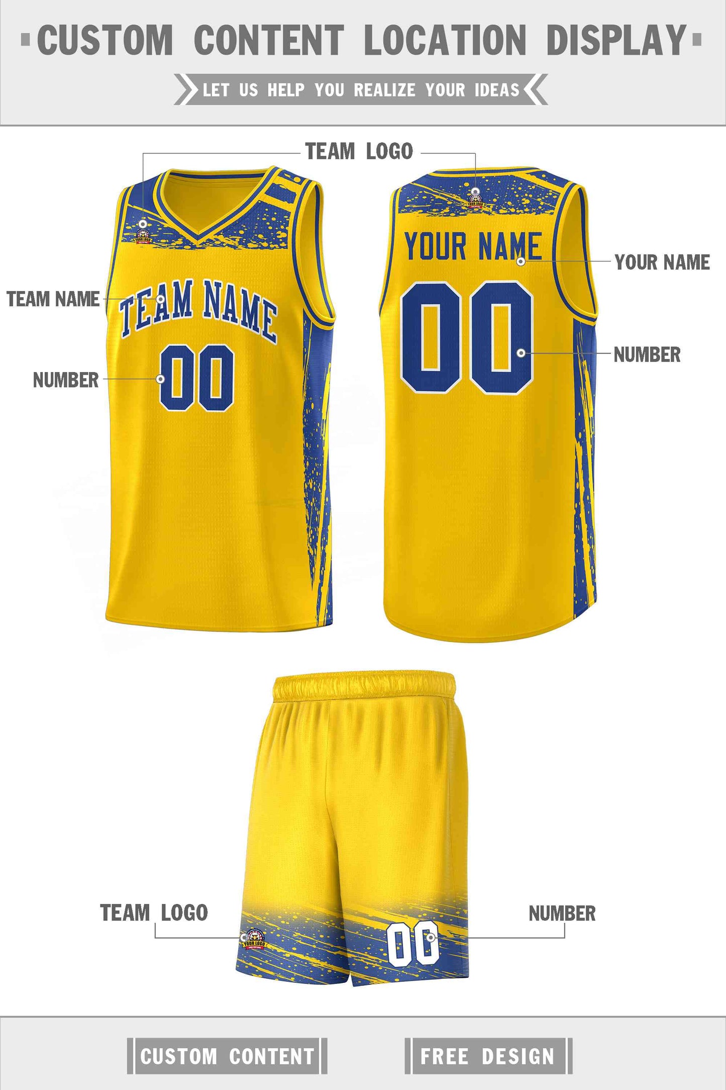 Custom Yellow Royal Graffiti Pattern Sports Uniform Basketball Jersey