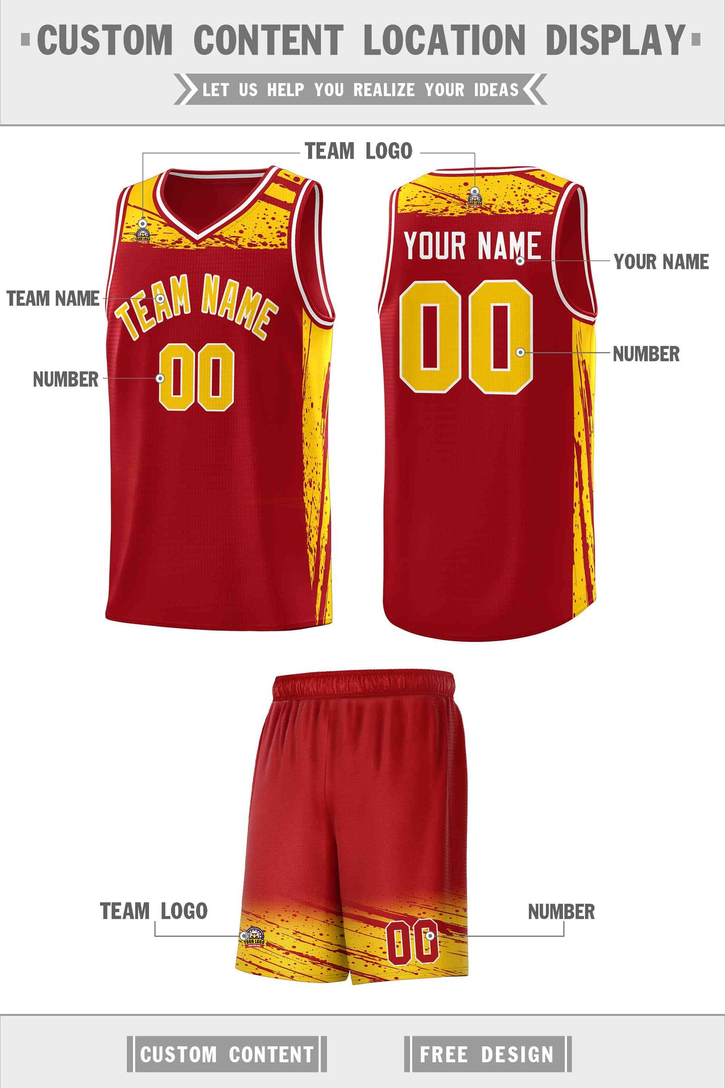 Custom Red Yellow Graffiti Pattern Sports Uniform Basketball Jersey