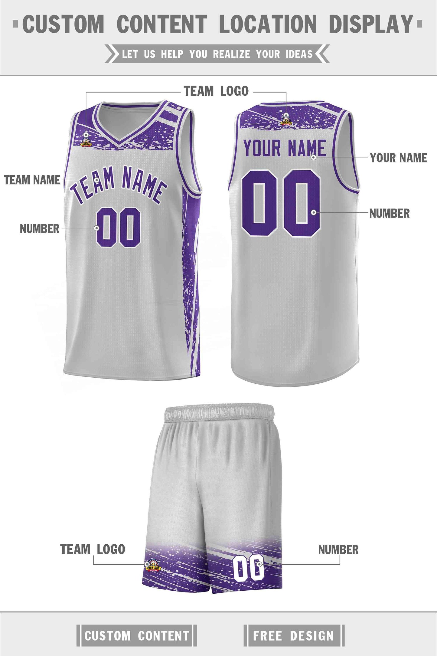 Custom Gray Purple Graffiti Pattern Sports Uniform Basketball Jersey