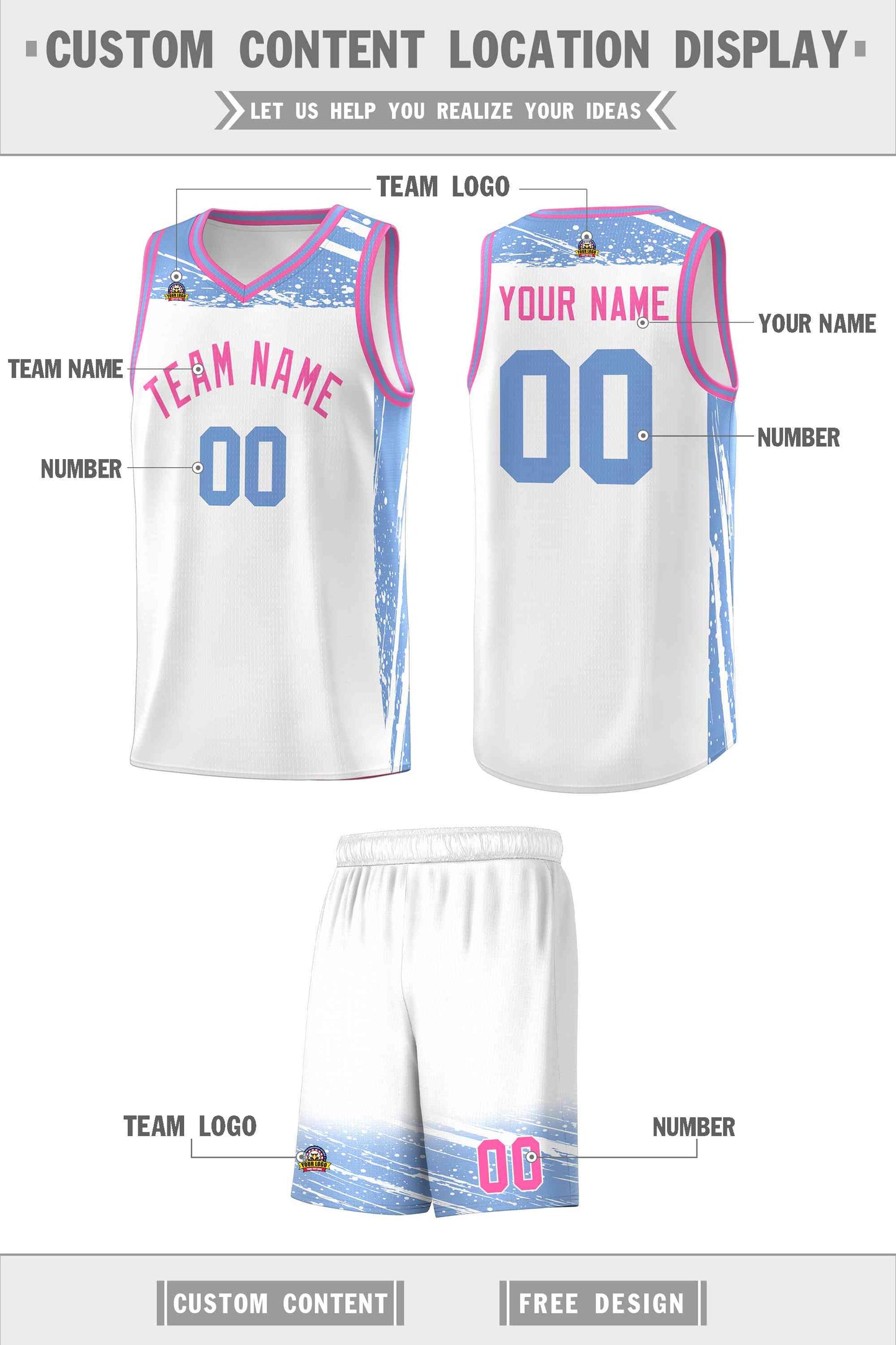 Custom White Light Blue Graffiti Pattern Sports Uniform Basketball Jersey