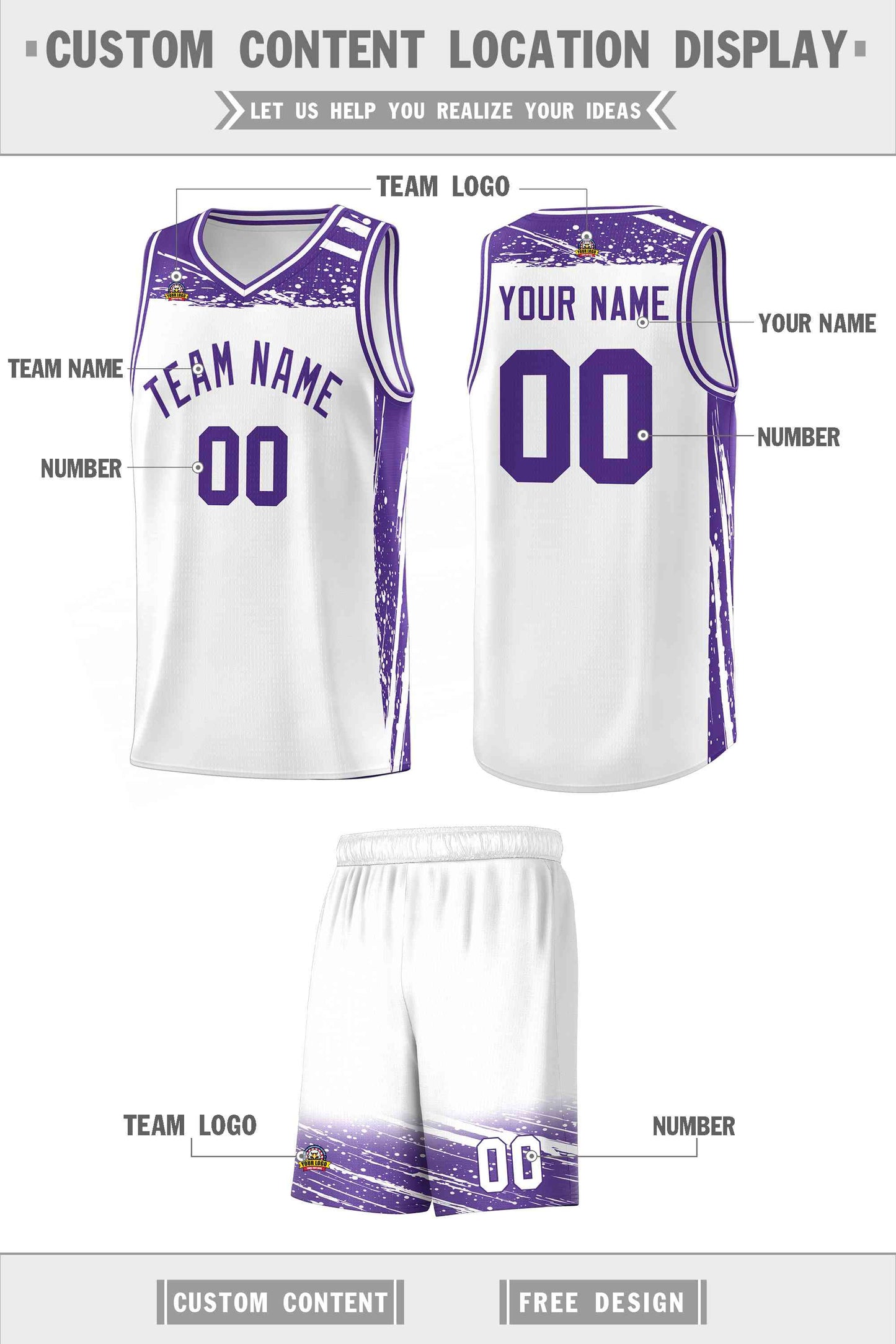 Custom White Purple Graffiti Pattern Sports Uniform Basketball Jersey