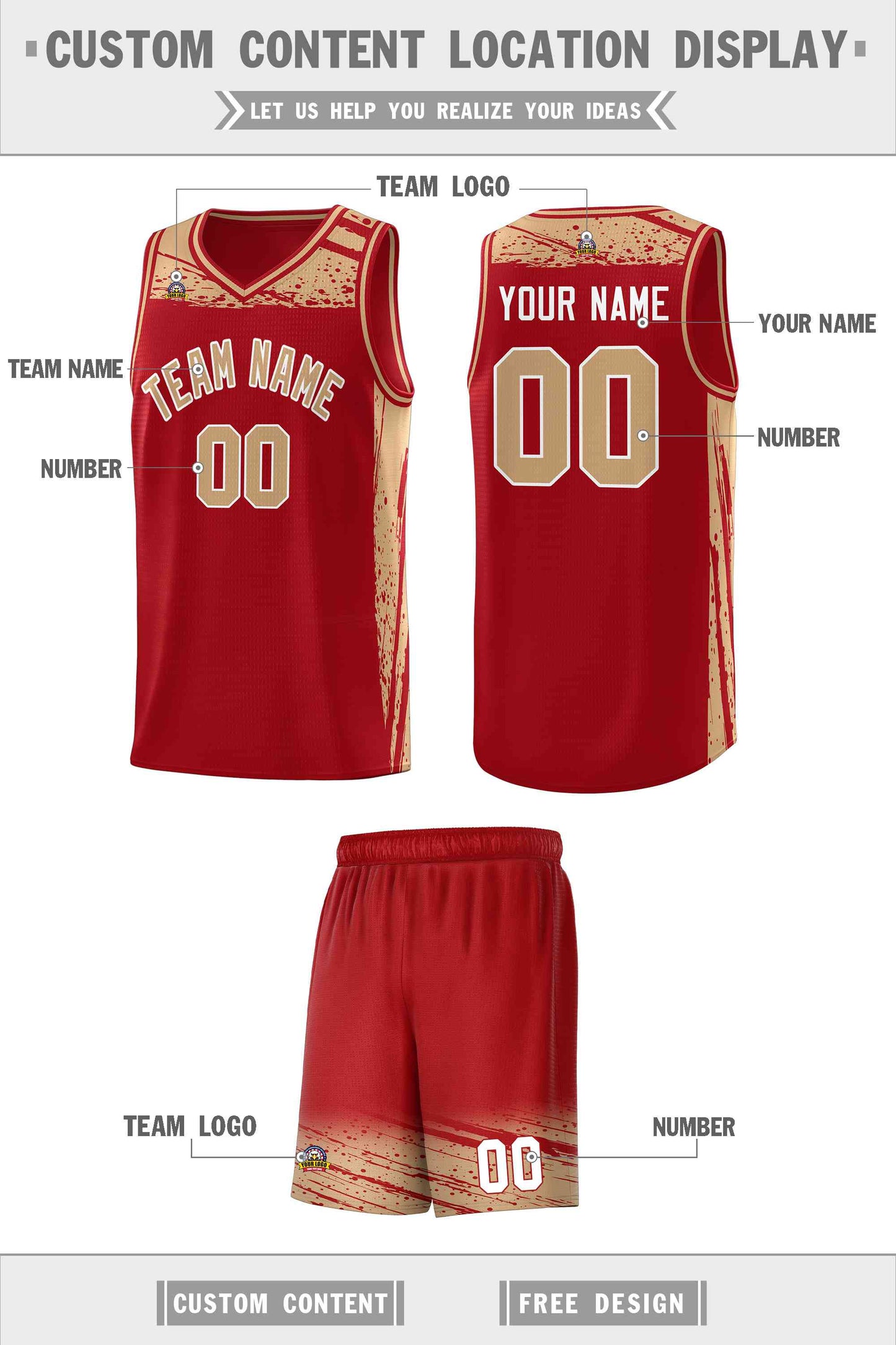 Custom Red Old Gold Graffiti Pattern Sports Uniform Basketball Jersey