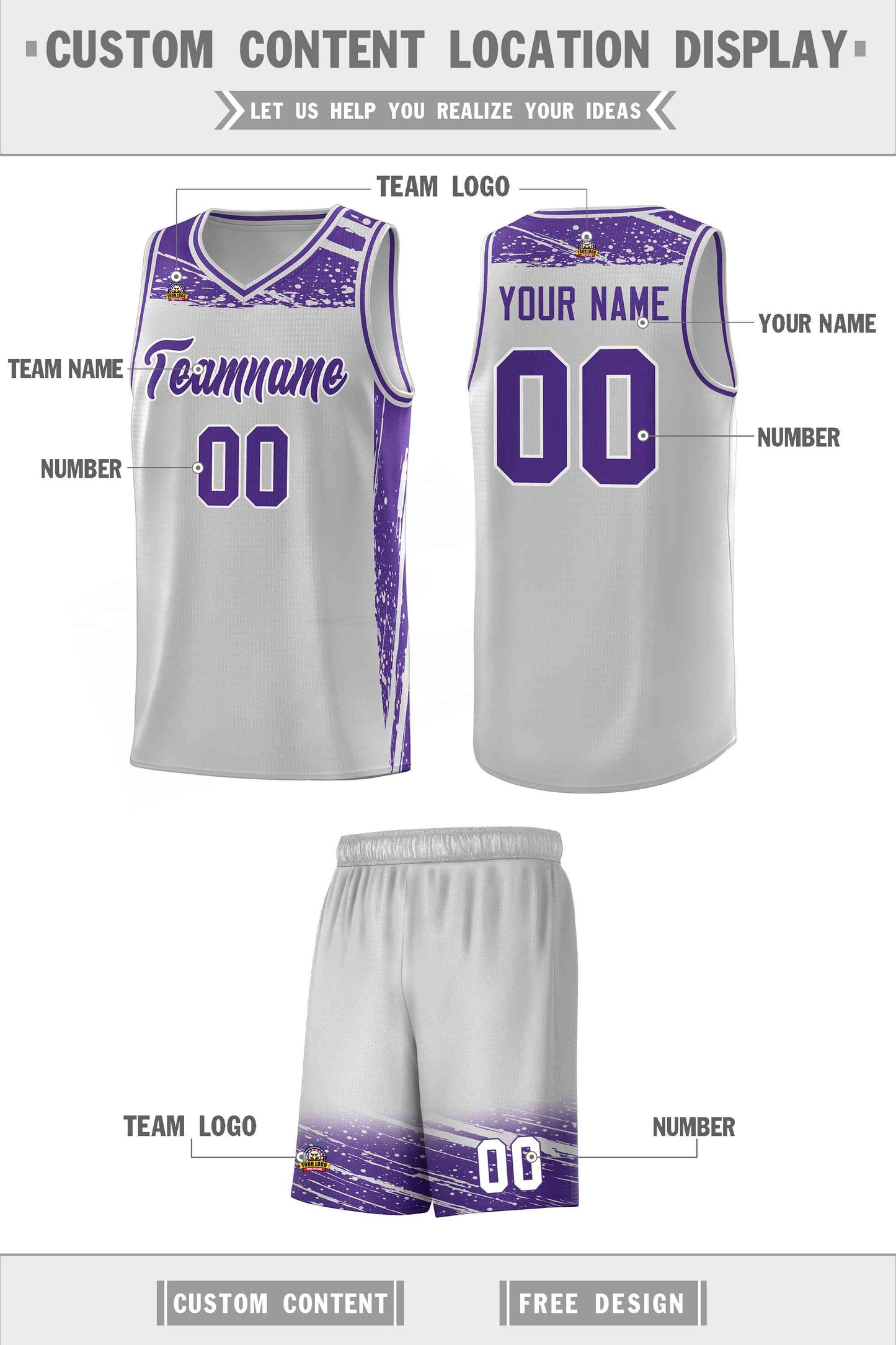 Custom Gray Purple Graffiti Pattern Sports Uniform Basketball Jersey