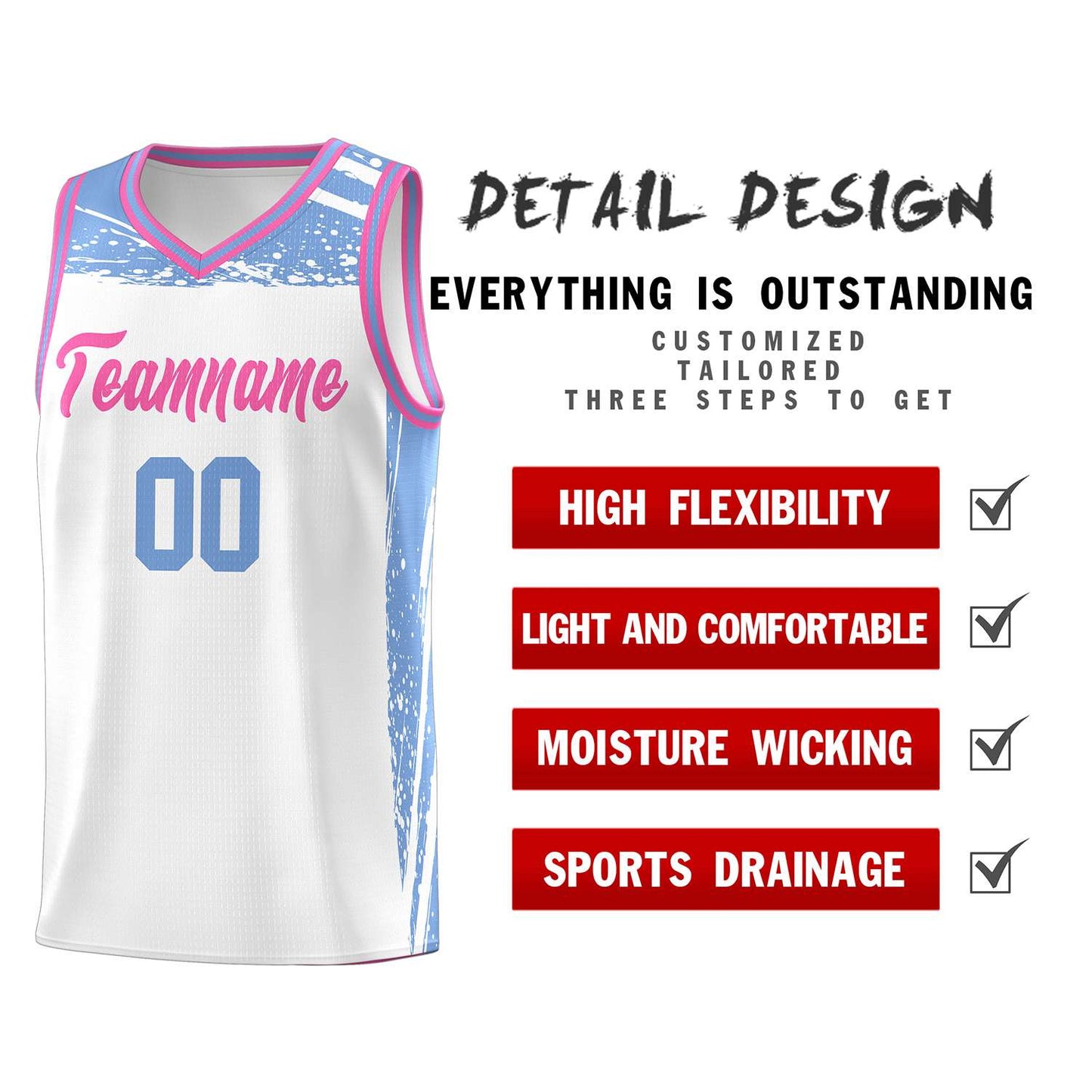 Custom White Light Blue Graffiti Pattern Sports Uniform Basketball Jersey