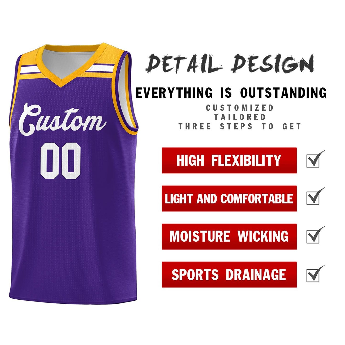 Custom Purple White-Gold Classic Sports Uniform Basketball Jersey