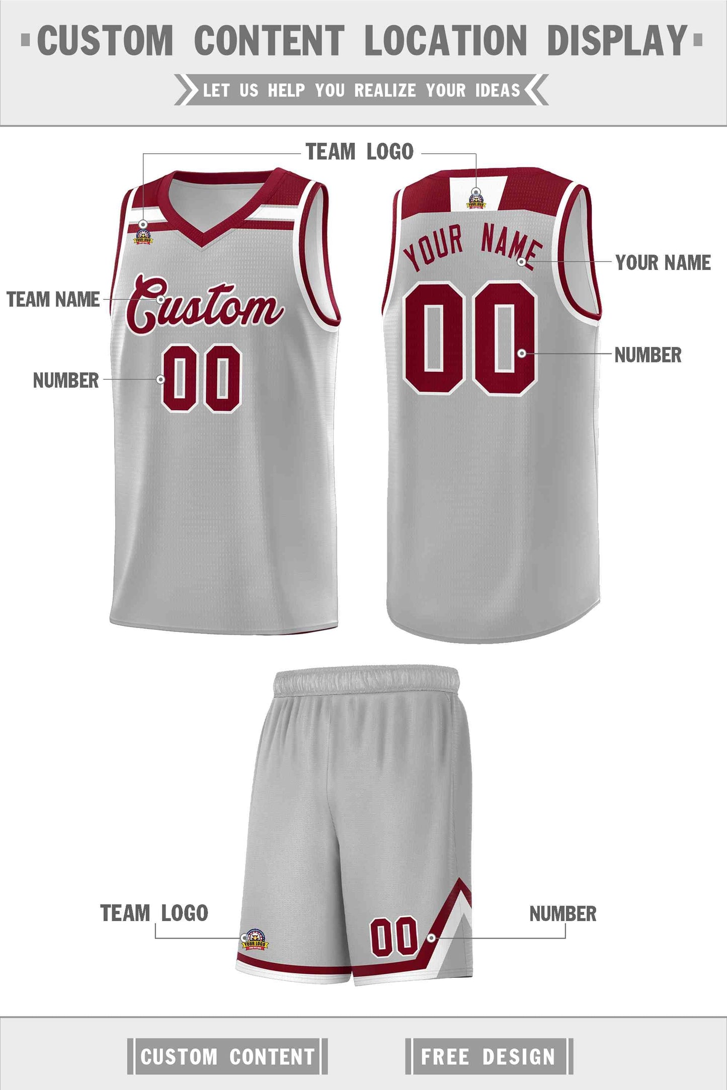 Custom Gray Crimson-White Classic Sports Uniform Basketball Jersey