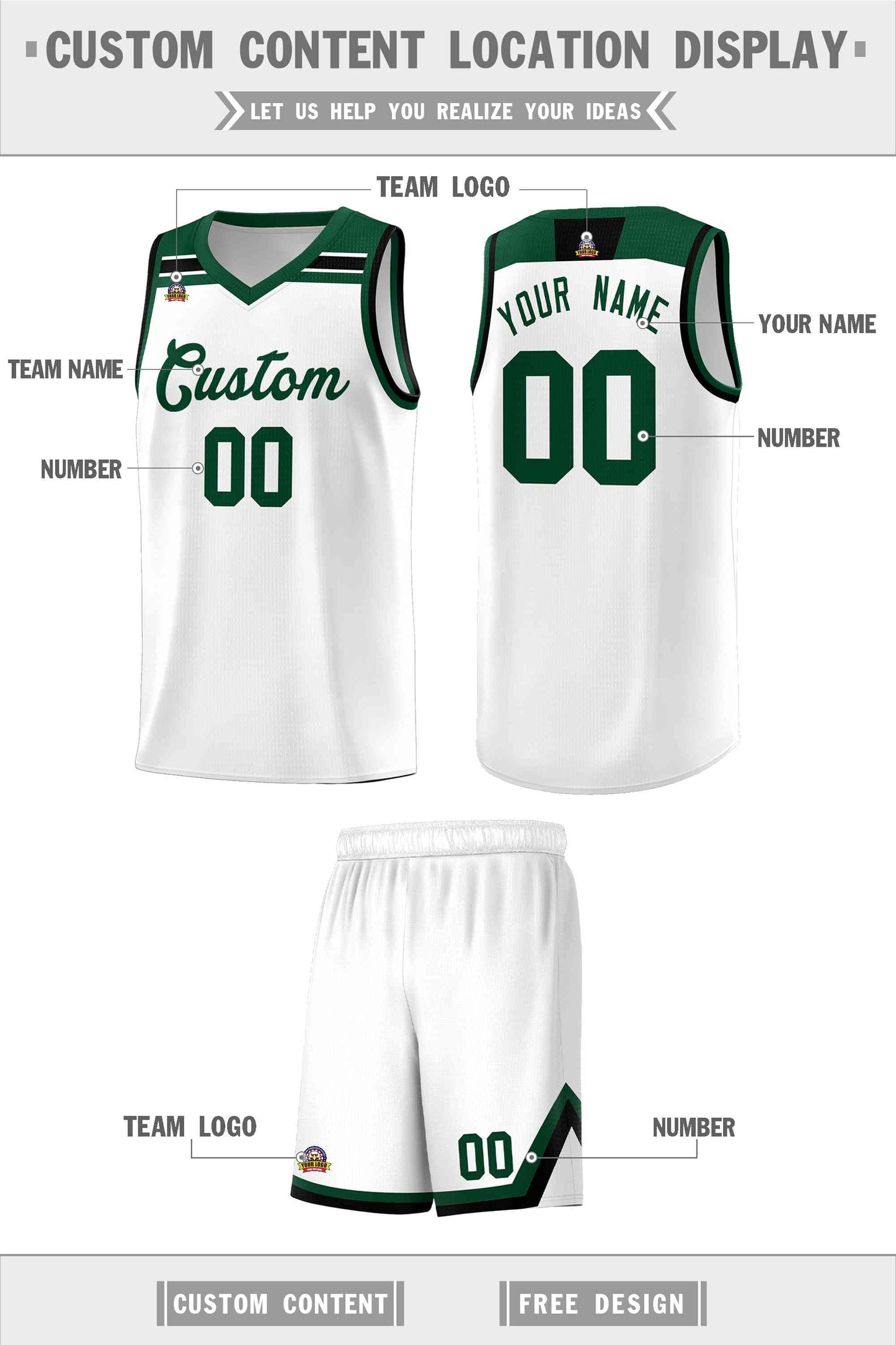 Custom White Green-White Classic Sports Uniform Basketball Jersey