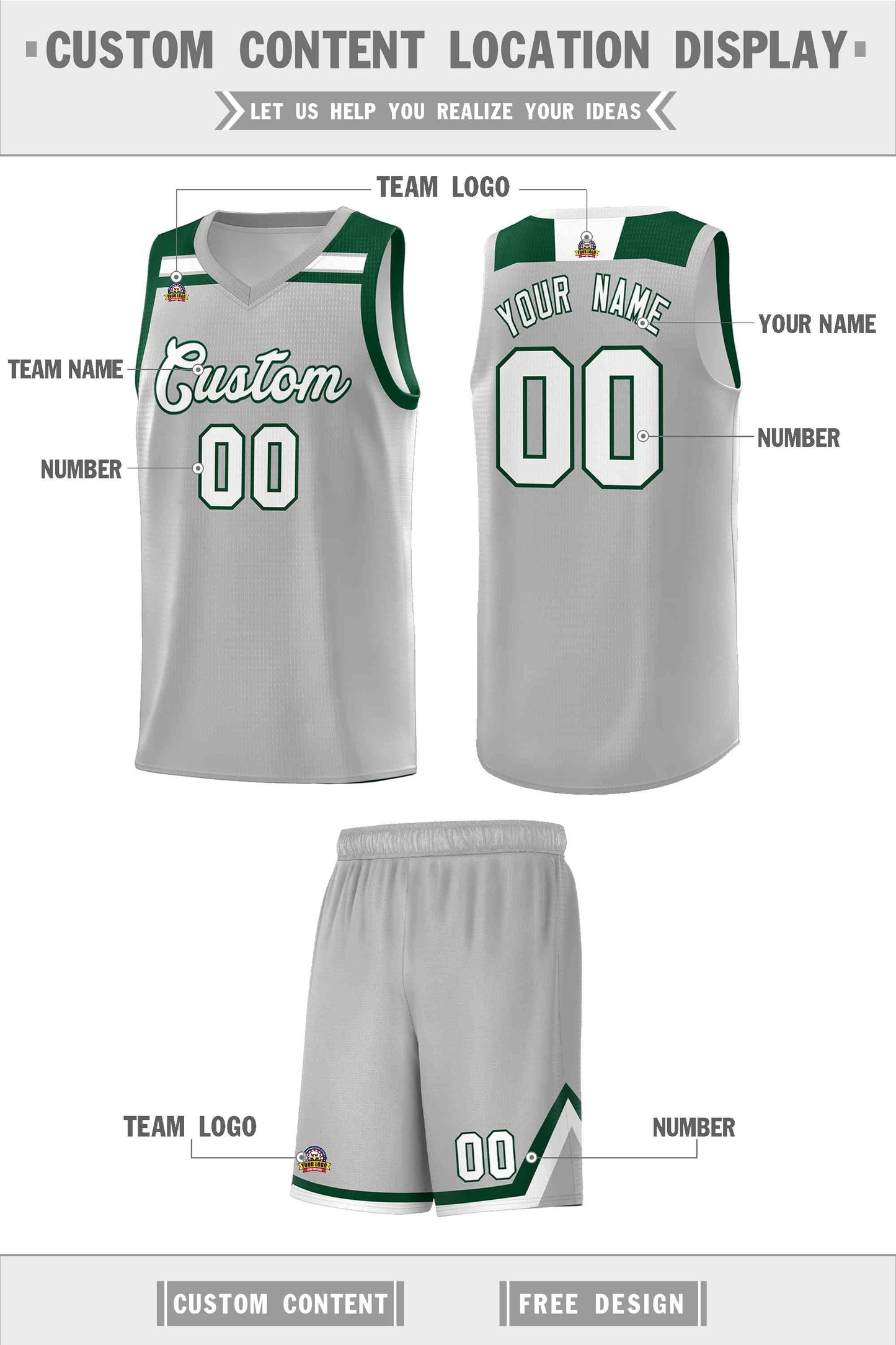 Custom Gray White-Green Classic Sports Uniform Basketball Jersey