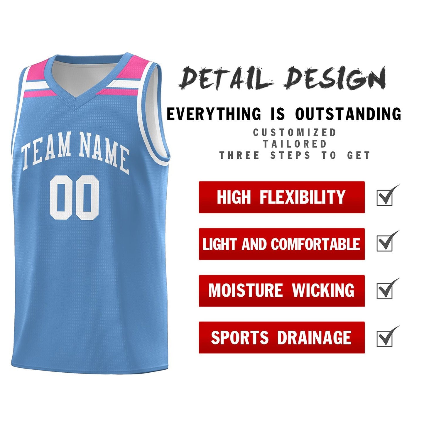 Custom Light Blue White-Pink Classic Sports Uniform Basketball Jersey