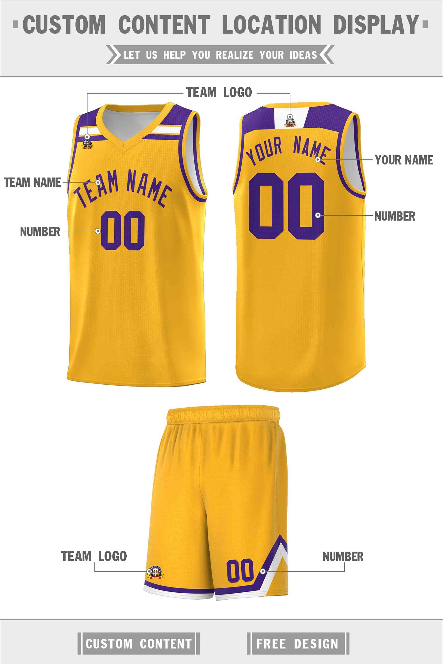 Custom Gold Purple-White Classic Sports Uniform Basketball Jersey