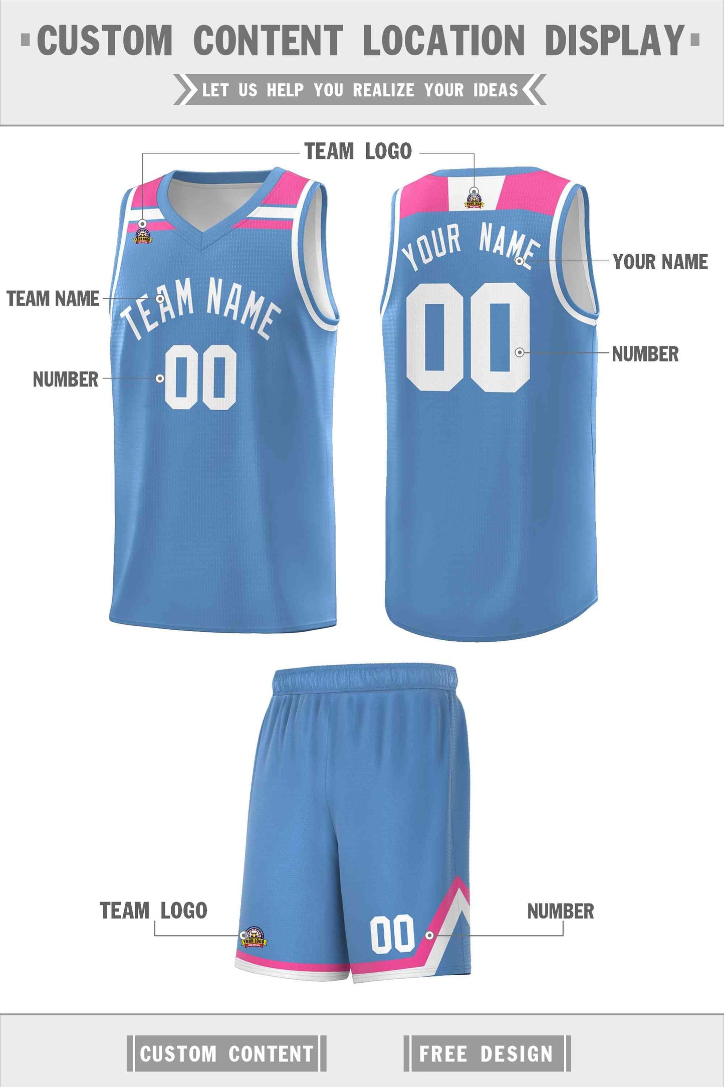 Custom Light Blue White-Pink Classic Sports Uniform Basketball Jersey