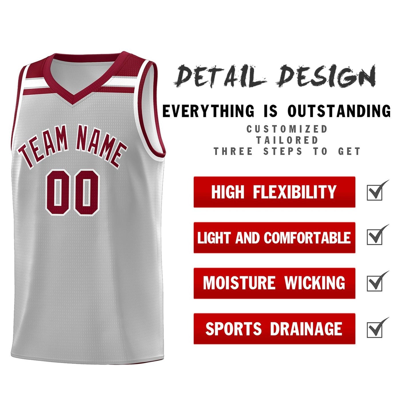 Custom Gray Crimson-White Classic Sports Uniform Basketball Jersey