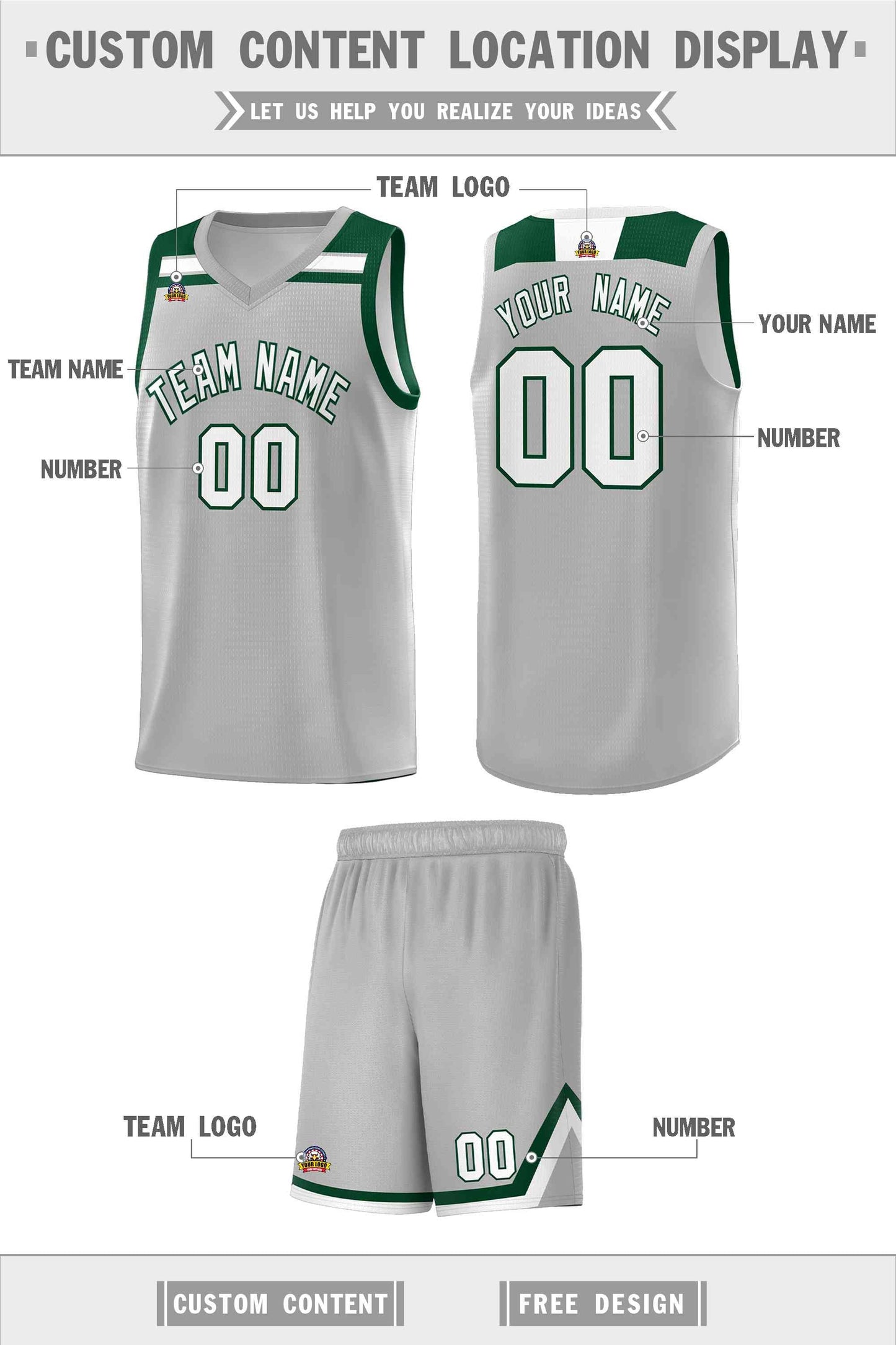 Custom Gray White-Green Classic Sports Uniform Basketball Jersey