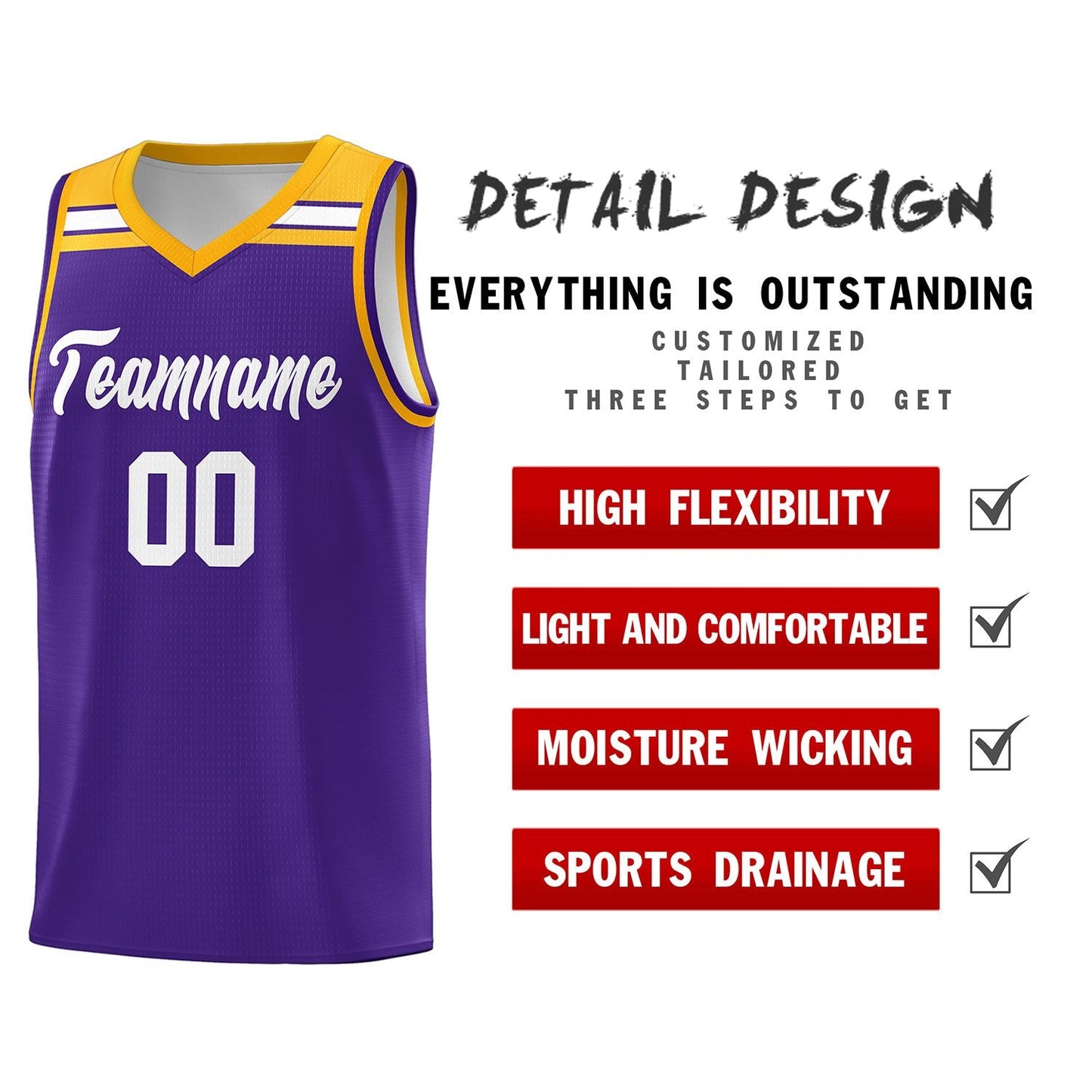 Custom Purple White-Gold Classic Sports Uniform Basketball Jersey