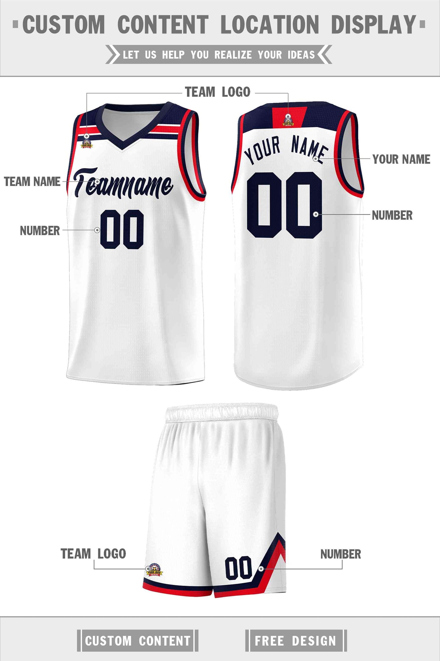 Custom White Navy-Red Classic Sports Uniform Basketball Jersey