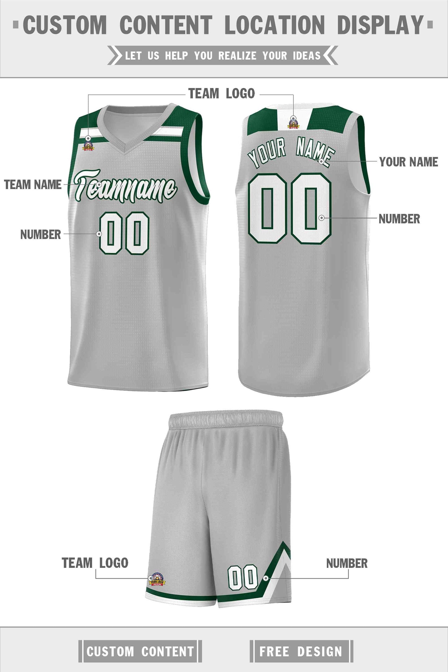 Custom Gray White-Green Classic Sports Uniform Basketball Jersey