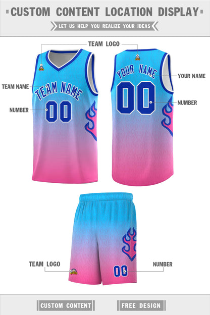 Custom Powder Blue Pink-Royal Flame Gradient Fashion Sports Uniform Basketball Jersey