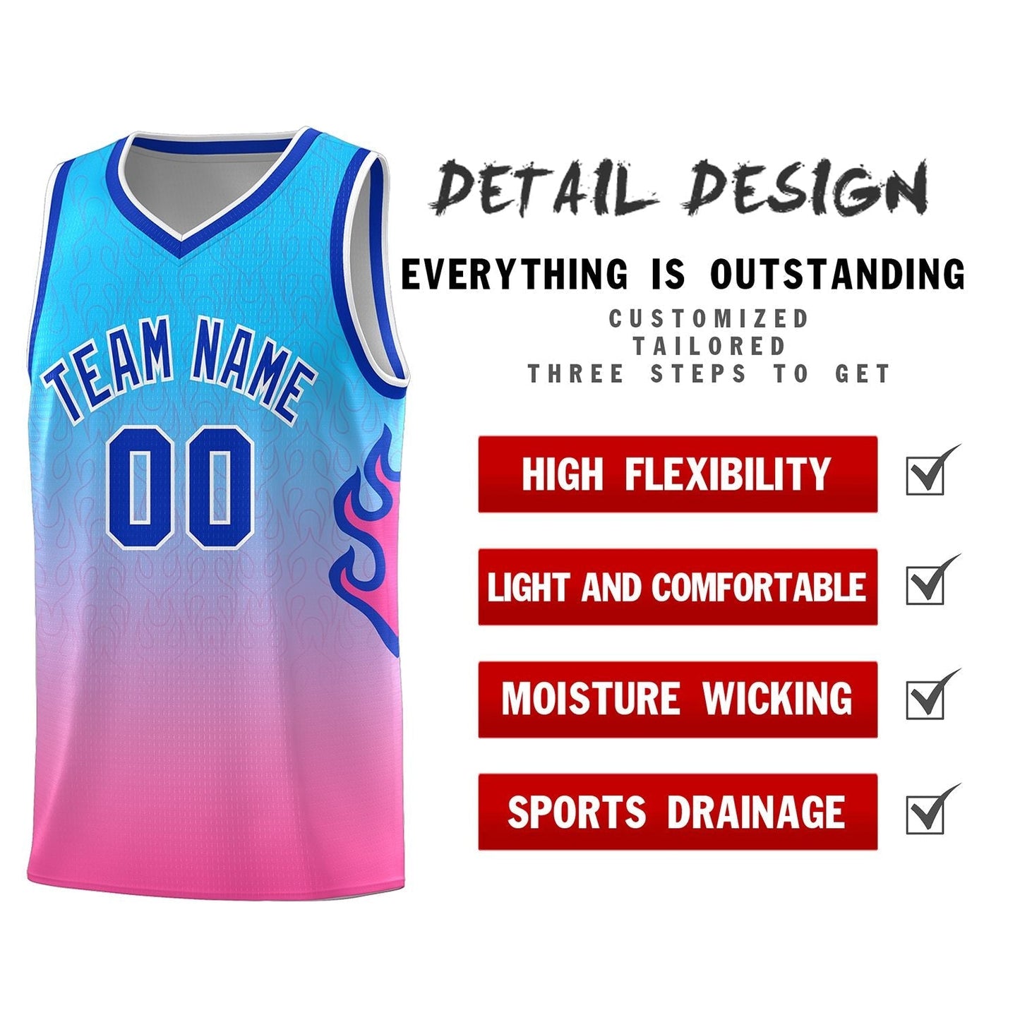 Custom Powder Blue Pink-Royal Flame Gradient Fashion Sports Uniform Basketball Jersey