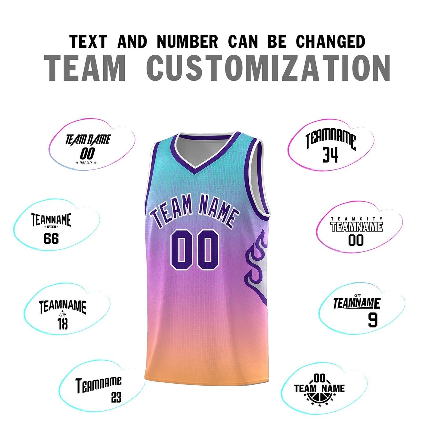 Custom Light Blue Pink-Purple Flame Gradient Fashion Sports Uniform Basketball Jersey