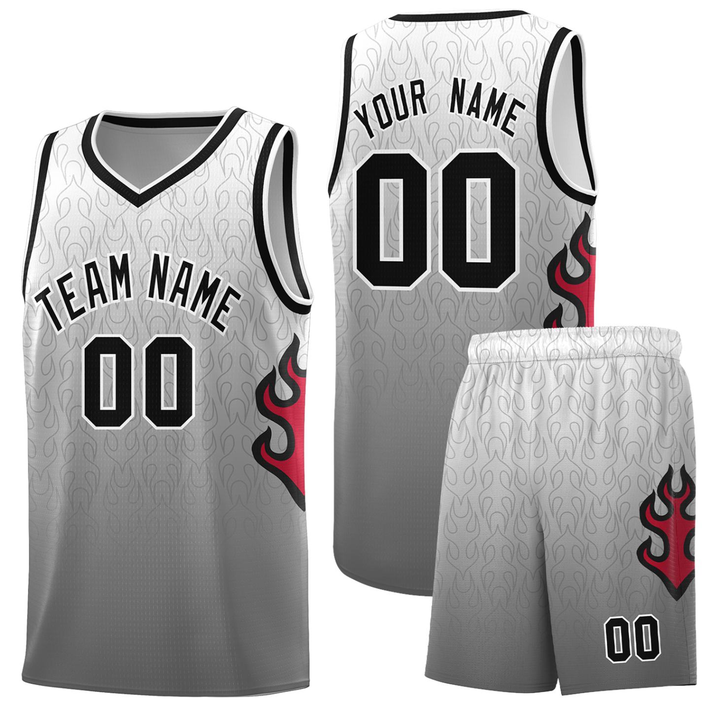 Custom White Dark Gray-Black Flame Gradient Fashion Sports Uniform Basketball Jersey