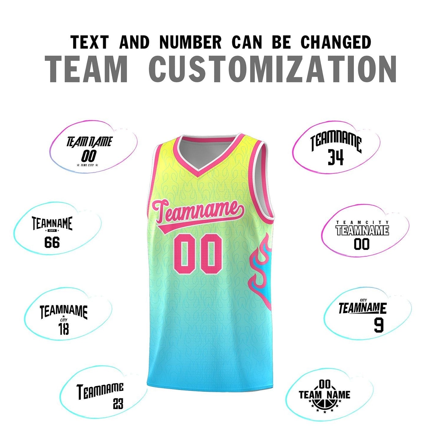 Custom Gold Light Blue-Pink Flame Gradient Fashion Sports Uniform Basketball Jersey